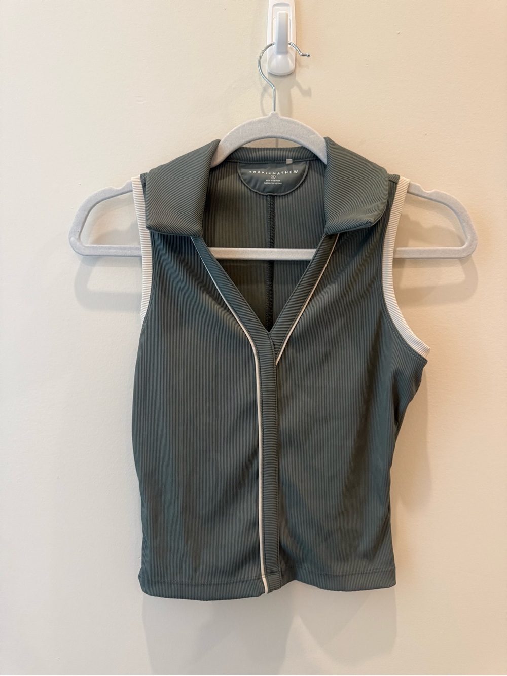 Travis Mathew Slate Gray Green Sleeveless Zip Polo with White Trim